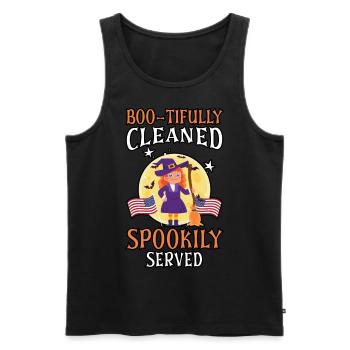 Boo-tifully Cleaned Spookily Served Halloween - Men's Premium Organic Tank Top - black - Front - AI Model Male 178 light (178cm)