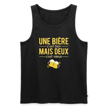 Une Bière C'est Bien Mais Deux C'est Mieux Blague - Débardeur bio Premium Homme - noir - Devant - AI Model Male 178 light (178cm)