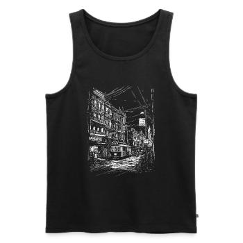 Cityscape relief with tram and electricity pylons - Men's Premium Organic Tank Top - black - Front - AI Model Male 178 light (178cm)