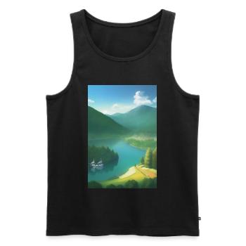 Landscape with lake, boat and mountains - Men's Premium Organic Tank Top - black - Front - Michal (187cm)