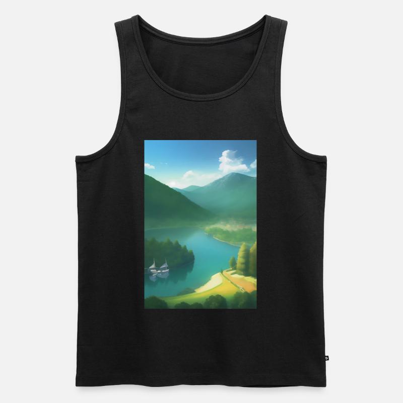 Landschaft mit See, Boot und Berge - Männer Premium Bio Tank Top - Schwarz