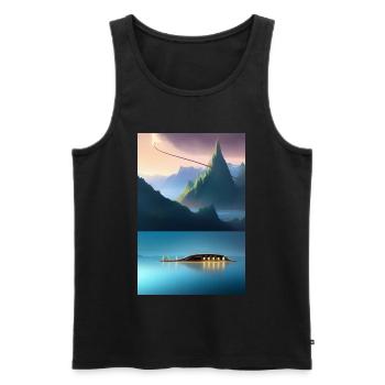 Landscape with lake, boat and mountains - Men's Premium Organic Tank Top - black - Front - Michal (187cm)