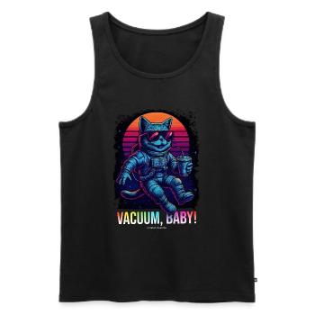 Retro Space Shirt "Vaccum, Baby!" – Synthwave Katz - Männer Premium Bio Tank Top - Schwarz - Vorne - AI Model Male 178 light (178cm)