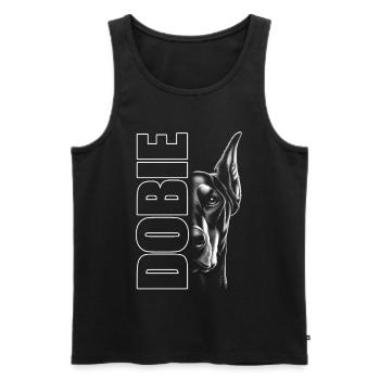Dobermann Porträt mit vertikalem Schriftzug DOBIE - Männer Premium Bio Tank Top - Schwarz - Vorne - Michal (187cm)