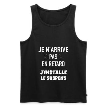 Je n'arrive pas en retard j'installe le suspens - Débardeur bio Premium Homme - noir - Devant - Michal (187cm)