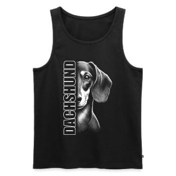 Dackel Porträt mit vertikalem Schriftzug DACHSHUND - Männer Premium Bio Tank Top - Schwarz - Vorne - Michal (187cm)