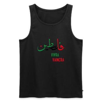 Calligraphie Palestine en arabe Gaza vivra vaincra - Débardeur bio Premium Homme - noir - Devant - AI Model Male 178 light (178cm)