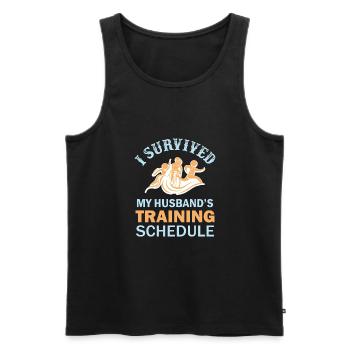 I survived my husbands workout - Triathlon - Men's Premium Organic Tank Top - black - Front - AI Model Male 178 light (178cm)