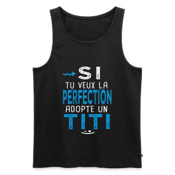 la perfection adopte un Titi Cadeau Thierry Timoté - Débardeur bio Premium Homme - noir - Devant - AI Model Male 178 light (178cm)