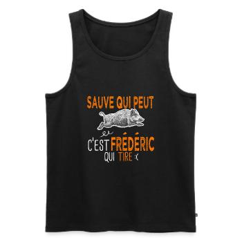 Frédéric c est frederic qui tire Humour Chasseur - Débardeur bio Premium Homme - noir - Devant - AI Model Male 178 light (178cm)