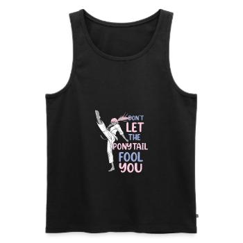 Don't Let The Ponytail Fool You Funny Karate - Männer Premium Bio Tank Top - Schwarz - Vorne - Michal (187cm)
