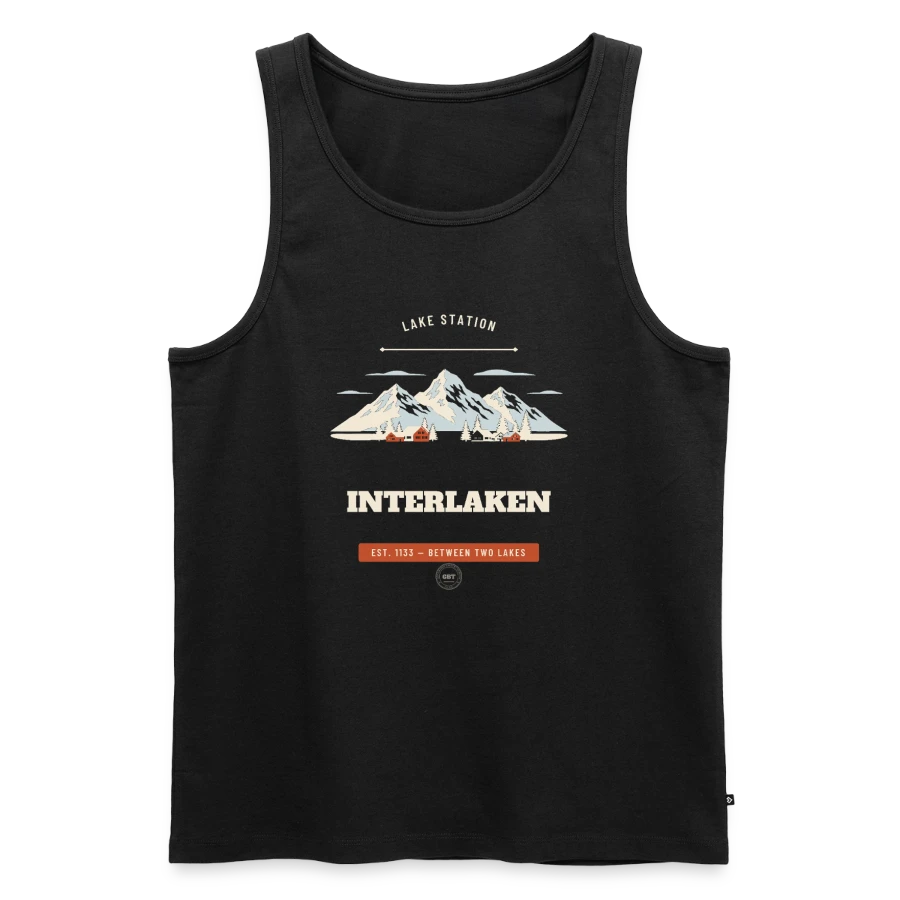 Interlaken badge on a men's premium organic tank top, black