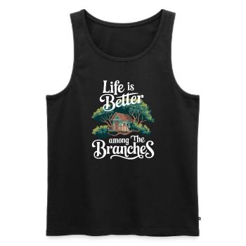 Constructeur de cabanes dans les arbres Construction de cabane dans les arbres - Débardeur bio Premium Homme - noir - Devant - AI Model Male 178 light (178cm)
