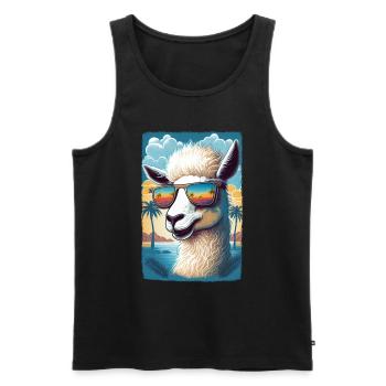 Alpaga funky sur la plage avec des lunettes de soleil - Débardeur bio Premium Homme - noir - Devant - Michal (187cm)