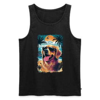 Golden retriever with sunglasses on the beach - Men's Premium Organic Tank Top - black - Front - AI Model Male 178 light (178cm)