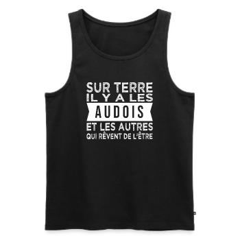 sur terre il y a les Audois Humour Aude - Débardeur bio Premium Homme - noir - Devant - Michal (187cm)