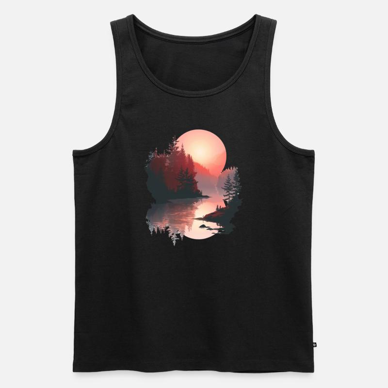 Coucher de soleil, Réflexion, Forêt, Scène - Débardeur bio Premium Homme - noir