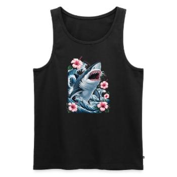 Shark Waves and Hibiscus Flowers Artwork - Men's Premium Organic Tank Top - black - Front - Michal (187cm)