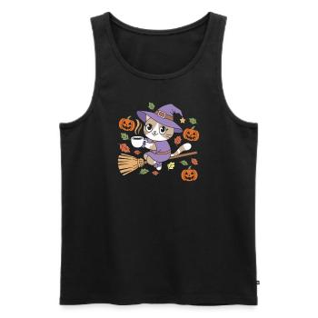 Chat mignon d’Halloween avec chapeau de sorcière et citrouilles - Débardeur bio Premium Homme - noir - Devant - Michal (187cm)