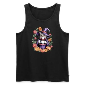 Chat sorcière Halloween avec des citrouilles et des fleurs - Débardeur bio Premium Homme - noir - Devant - Michal (187cm)