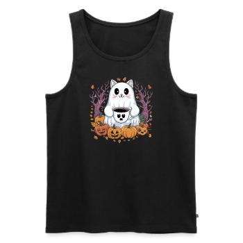 Chat mignon d'Halloween avec du café et des citrouilles - Débardeur bio Premium Homme - noir - Devant - AI Model Male 178 light (178cm)
