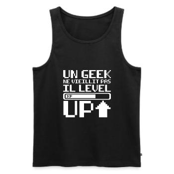 Un geek ne vieillit pas il level up - Débardeur bio Premium Homme - noir - Devant - AI Model Male 178 light (178cm)