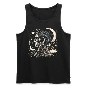 Indien avec loup - Guerrier de la nature spirituelle - Débardeur bio Premium Homme - noir - Devant - AI Model Male 178 light (178cm)
