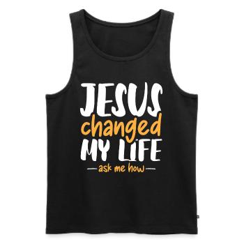 Jesus changed my life ask me how - Men's Premium Organic Tank Top - black - Front - AI Model Male 178 light (178cm)