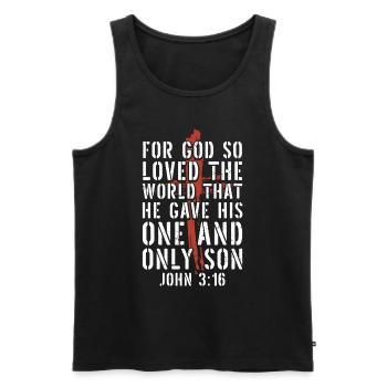 'Cause God Loved the World Bible Verse - Men's Premium Organic Tank Top - black - Front - AI Model Male 178 light (178cm)