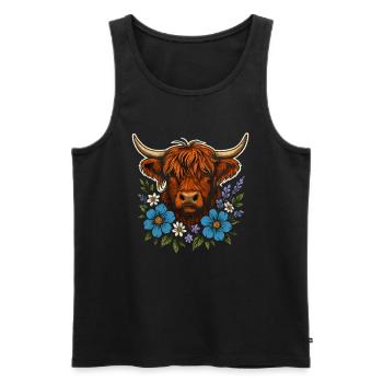 Highland-Kuh mit Blumenkranz – Landleben Stil - Männer Premium Bio Tank Top - Schwarz - Vorne - AI Model Male 178 light (178cm)
