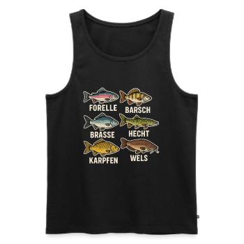 Vue d’ensemble des espèces de poissons – Conception de pêcheur à la truite - Débardeur bio Premium Homme - noir - Devant - AI Model Male 178 light (178cm)