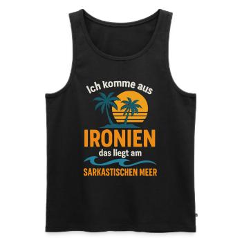 Ironies – Sarcasm Shirt with Wordplay - Men's Premium Organic Tank Top - black - Front - AI Model Male 178 light (178cm)
