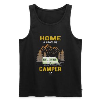 La maison est l’endroit où mon camping-car est Caravan Camping - Débardeur bio Premium Homme - noir - Devant - AI Model Male 178 light (178cm)