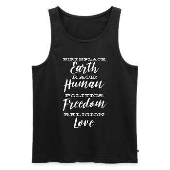 Geburtsort Erde, Rasse Menschliche Politikreligion - Männer Premium Bio Tank Top - Schwarz - Vorne - AI Model Male 178 light (178cm)