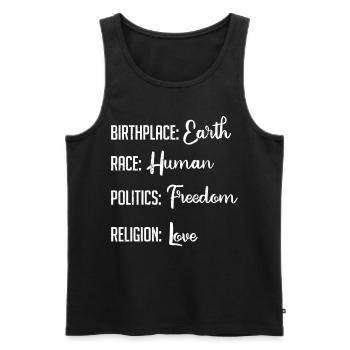 Geburtsort Erde, Rasse Menschliche Politikreligion - Männer Premium Bio Tank Top - Schwarz - Vorne - AI Model Male 178 light (178cm)