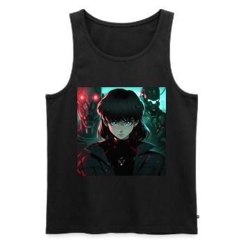 Dystopische Jungfrau: Frau in Schwarz im Anime-Stil - Männer Premium Bio Tank Top - Schwarz - Vorne - AI Model Male 178 light (178cm)