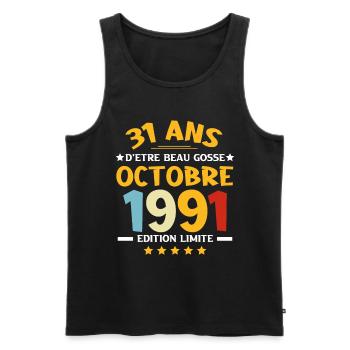 31 Ans Anniversaire en Octobre 1991. - Débardeur bio Premium Homme - noir - Devant - AI Model Male 178 light (178cm)