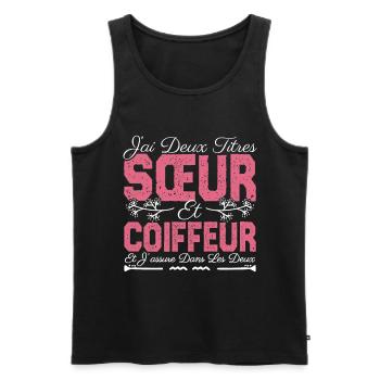 J'ai deux titres Sœur et coiffeuse Cadeau soeur. - Débardeur bio Premium Homme - noir - Devant - AI Model Male 178 light (178cm)