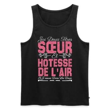 J'ai deux titres Sœur et hôtesse de l'air. soeur . - Débardeur bio Premium Homme - noir - Devant - AI Model Male 178 light (178cm)