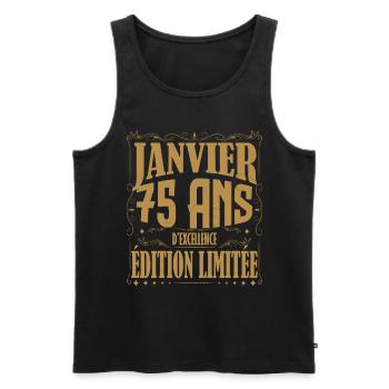 Janvier 75 ans. Cadeau 75 ans janvier anniversaire - Débardeur bio Premium Homme - noir - Devant - AI Model Male 178 light (178cm)