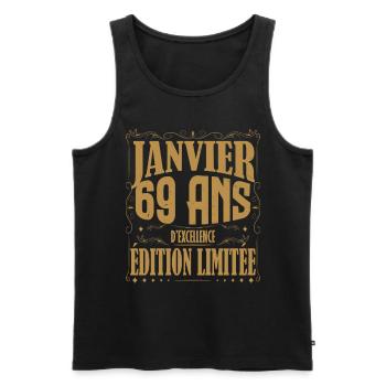 Janvier 69 ans. Cadeau 69 ans janvier anniversaire - Débardeur bio Premium Homme - noir - Devant - AI Model Male 178 light (178cm)