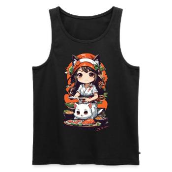 Kawaii Anime Sushi Kemomimi Master with Cat - Men's Premium Organic Tank Top - black - Front - AI Model Male 178 light (178cm)