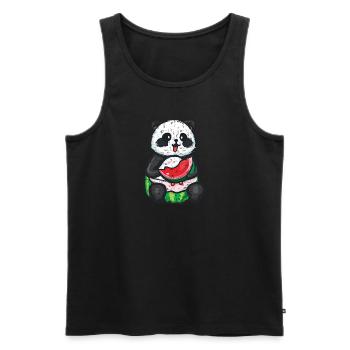 Un panda mignon s’assoit et mange une pastèque - Débardeur bio Premium Homme - noir - Devant - Michal (187cm)