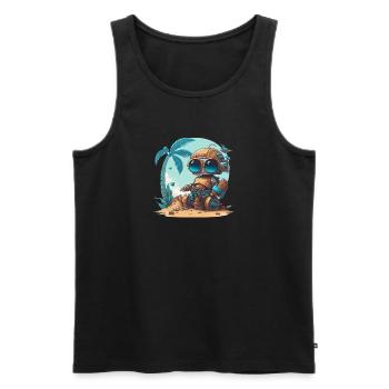 Un petit robot sur la plage sous un palmier - Débardeur bio Premium Homme - noir - Devant - AI Model Male 178 light (178cm)