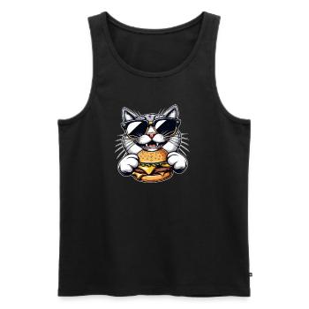 Cool cat nerd eating hamburger cheeseburger - Men's Premium Organic Tank Top - black - Front - AI Model Male 178 light (178cm)