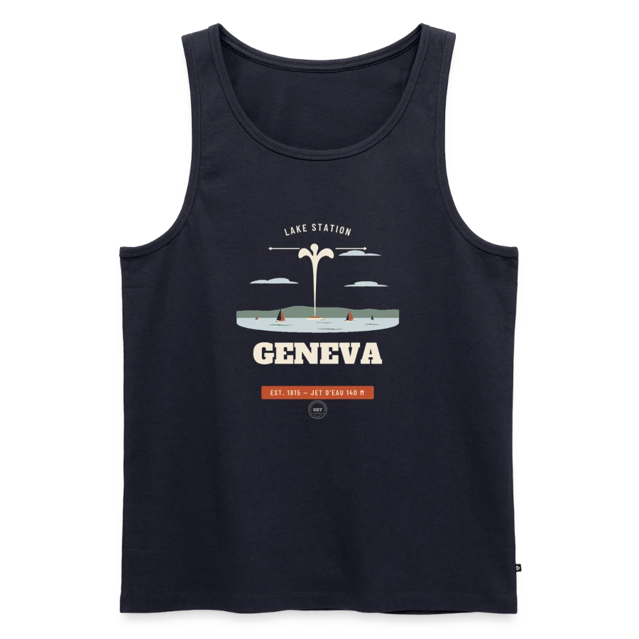 Geneva badge on a men's premium organic tank top, navy