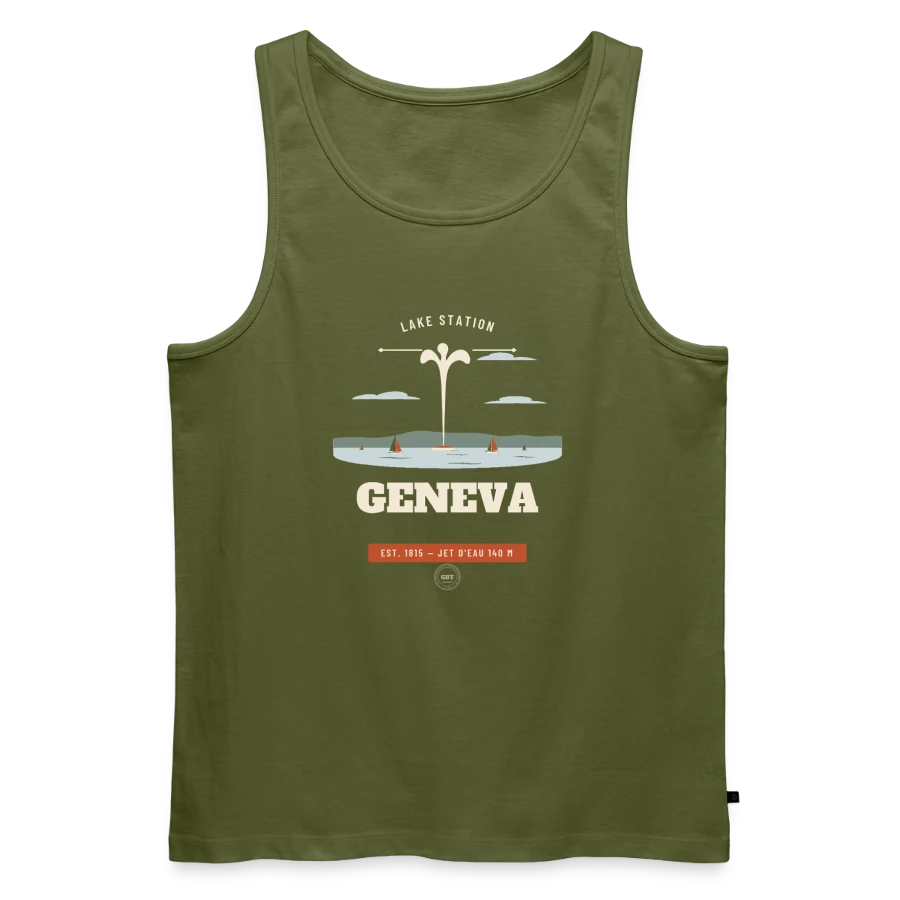 Geneva badge on a men's premium organic tank top, khaki