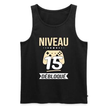 Anniversaire 15 ans - Niveau 15 débloqué - Gamer - Débardeur bio Premium Homme - noir - Devant - Michal (187cm)