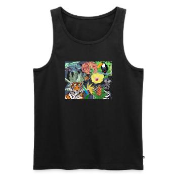 Image de la jungle : tigre, toucan et zèbre - Débardeur bio Premium Homme - noir - Devant - AI Model Male 178 light (178cm)