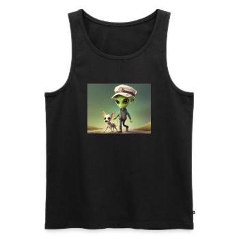 mignon petit extraterrestre rétro vert sortir le chien - Débardeur bio Premium Homme - noir - Devant - AI Model Male 178 light (178cm)